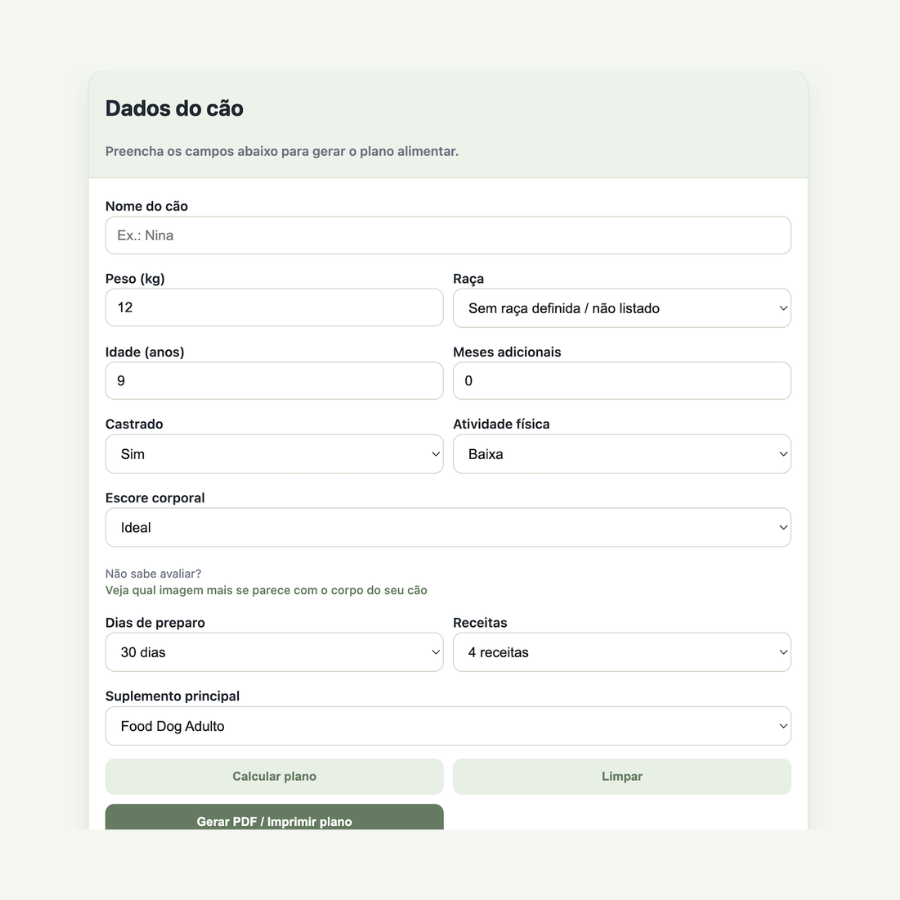 Ficha de dados do cão na calculadora