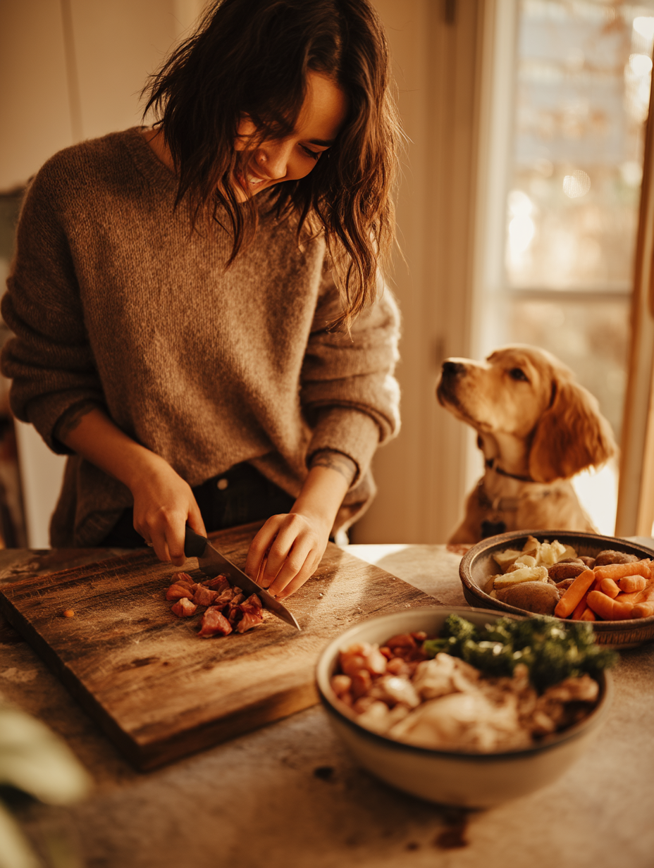 Tutora preparando alimentação natural para seu cão