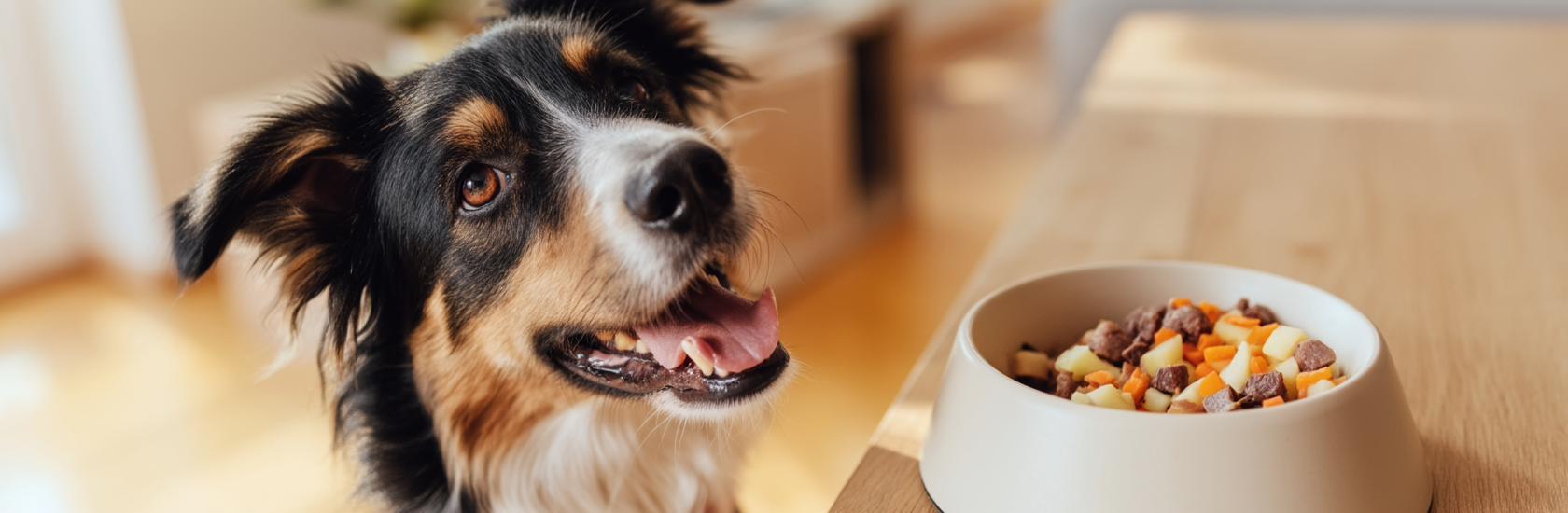 Cão feliz comendo alimentação natural