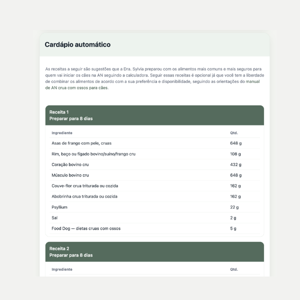 Cardápio automático com 4 receitas