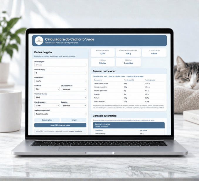 Calculadora de AN Cozida para Gatos exibida em um computador